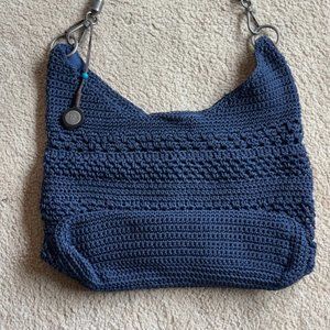 THE SAK-- woven crochet bag navy blue with braided leather handles